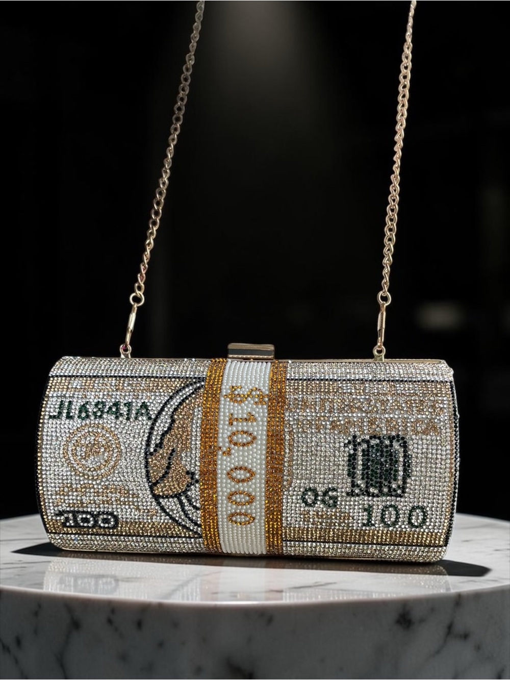 Rhinestone Money Roll Evening Crystal Money Crossbody Clutch w Gold Chain